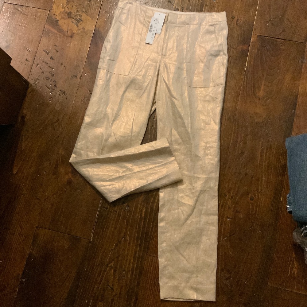 JCrew Ivory Bronze Metallic 100% Linen Garden Pant Size 0